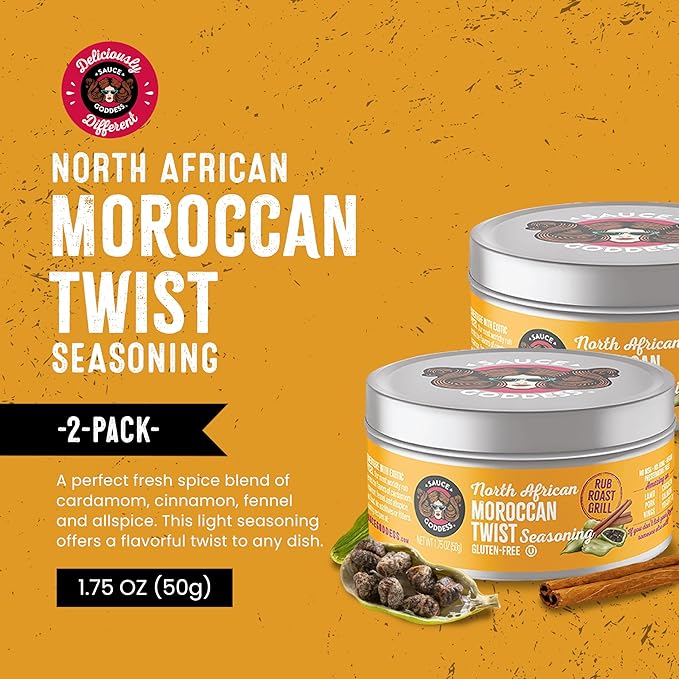 Sauce Goddess - Moroccan Twist Fresh Spice Blend - Vegan, Gluten-Free, No Sugar, Low Sodium Seasoning for Lamb, Chicken, Salmon - 1.75oz (2 Tin Cans)