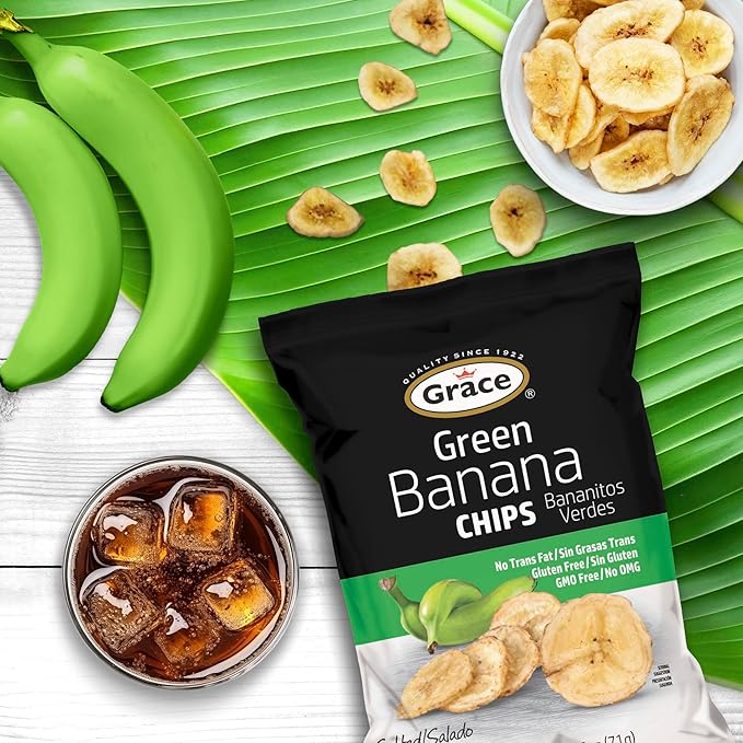 Grace Green Banana Chips 2.5oz - 6 Pack Plantain Chips Individual Bags - Jamaican Gluten Free Bananitos Verdes - Non-GMO & No Trans Fat