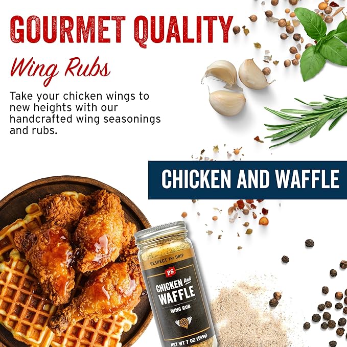 PS Seasoning Chicken and Waffle Wing Rub - Sweet and Smoky Dry Rub with Maple, Bourbon, Hickory - Chicken Wing Seasoning Dust & Topping for Poultry, Turkey, Pork, Fries, Popcorn, 7oz