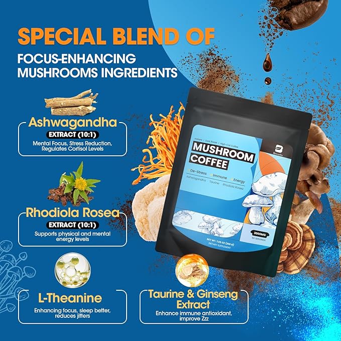 B BEWORTHS Mushroom Coffee, Mushroom Coffee Powder with Ashwagandha, L-theanine, Lion's Mane, Reishi, Chaga, Cordyceps, Turkey Tail, Ginseng - Mixed Arabica Instant Coffe Support Immune, Brain, Focus