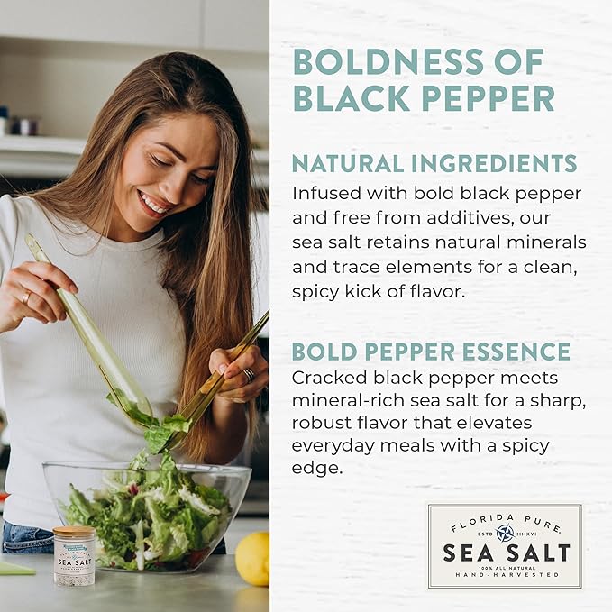 FLORIDA PURE Black Pepper Sea Salt - 80+ Mineral Sea Salt, Natural, Unrefined, Non Iodized - for Baking, Cooking, Seasoning & Enhancing Taste - Rich in Taste Flaky Sea Salt (1.8 oz Jar)
