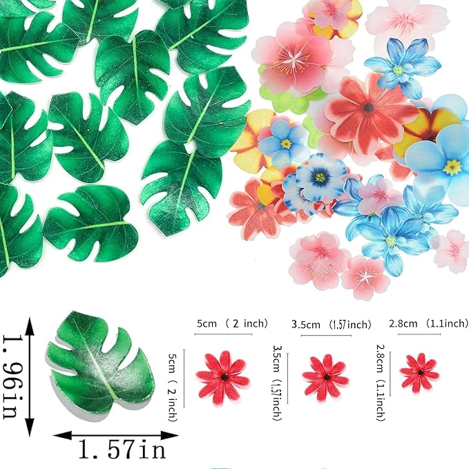 YOcity 83pcs Edible Monstera Tropical Leaves Flowers Cake Toppers Tropical Palm Leaves Flowers Cupcake Toppers Decorations for Jungle Hawaii Theme Baby Shower Kids Birthday Party Supplies