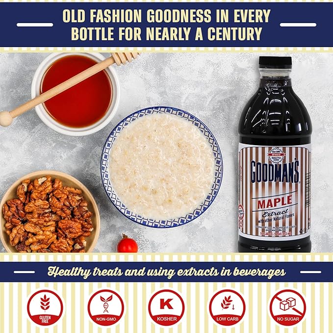 Goodman's Natural Maple Extract - Gluten-Free, Non-GMO, Kosher, Low Carb & Low Calorie, Low Alcohol, No Artificial Color, No Animal Products, No Sugar - Deep Maple Aroma for Baking & Cooking - 1 Pint