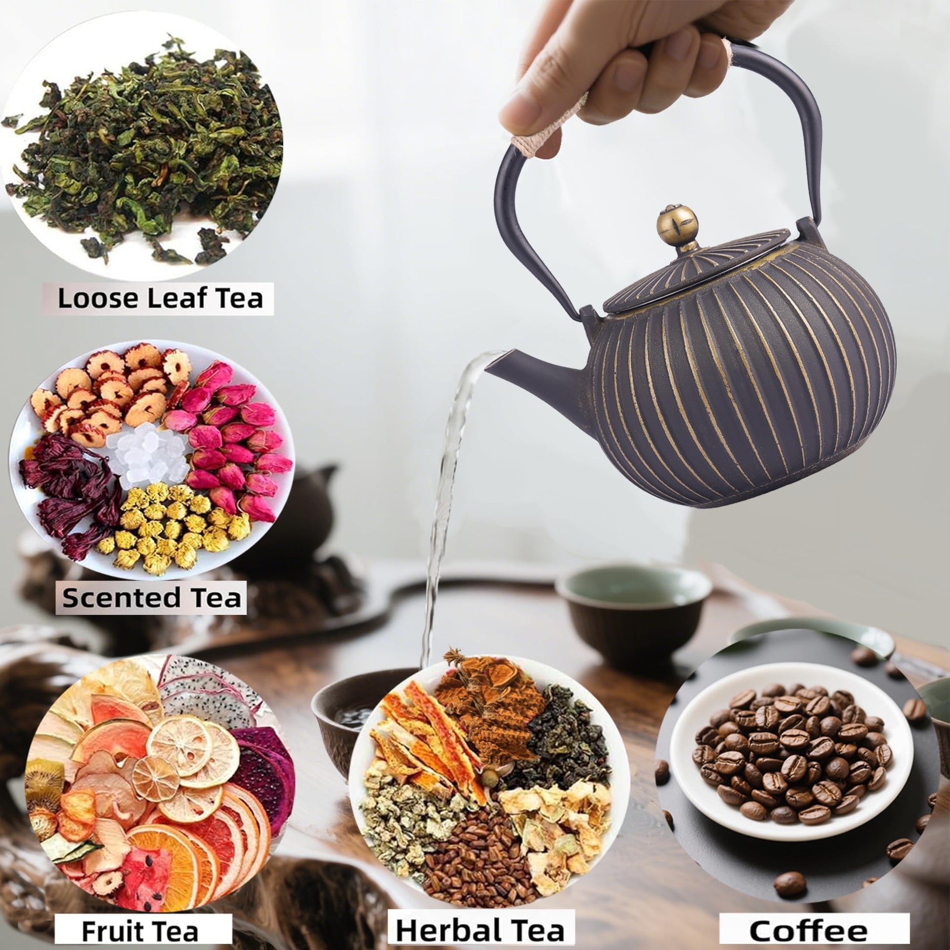 KalraMay Cast Iron Teapot 40oz Infuser, Black Gold Stripe Enamel Lining