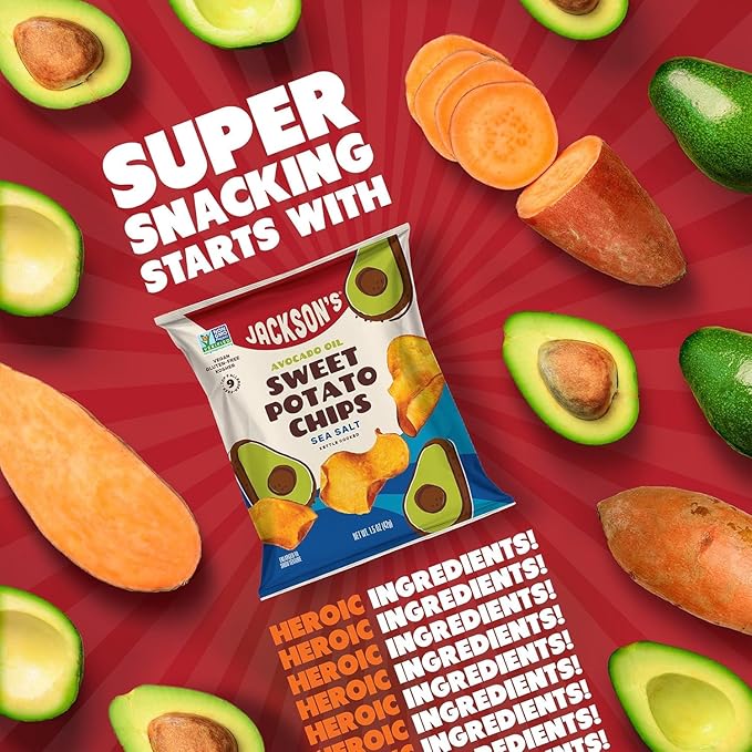 Jackson???Sweet Potato Kettle Chips with Sea Salt made with Premium Avocado Oil (1.5 Ounce, Pack of 28) - Allergen-friendly, Gluten Free, Peanut Free, Vegan, Paleo Friendly - Shark Tank Product
