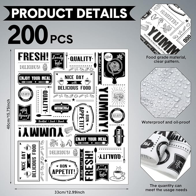 Seajan Wax Paper Food Wrap, 13 x 15.8 Inch, 200 Sheets, Grease Resistant, Waterproof, Newsprint Theme, Sandwich Wrapping Paper
