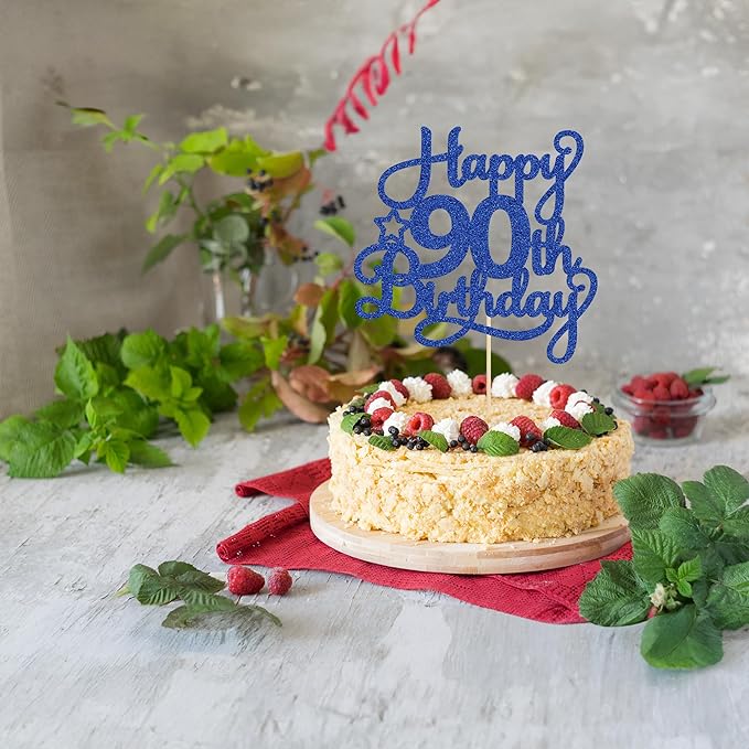 1 Pack Happy 90th Birthday Cake Topper Blue Glitter 90 & Fabulous Cheers to 90 Years Old Birthday Cake Pick for Celebrating 90th Birthday Anniversary Party Cake Decorations Supplies