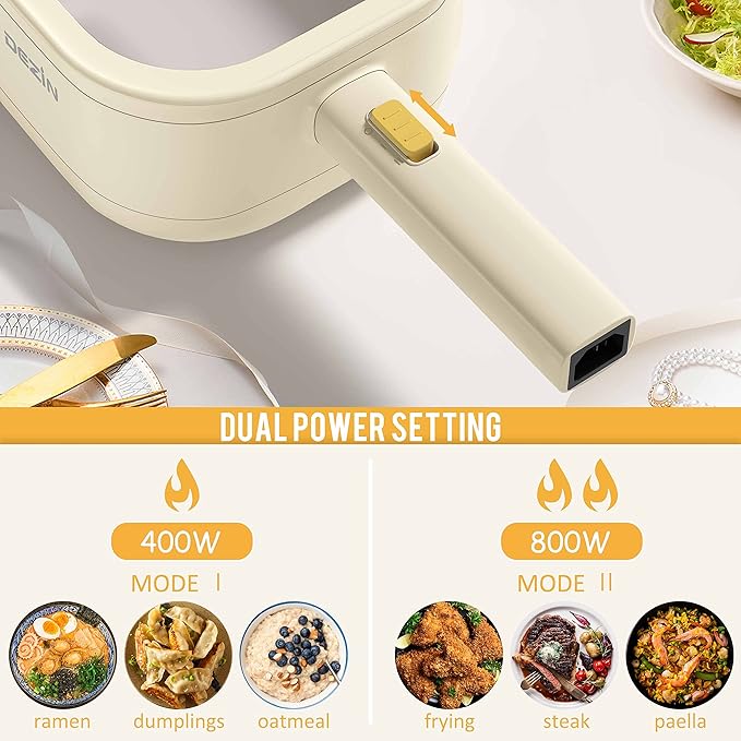 Dezin Hot Pot Electric, 2L Non-Stick Ceramic Coating Multifunction Cooker for Ramen & Oatmeal, Portable Hot Pot with Power Control for Dorm, Office, Travel (Silicone Spatula Included)
