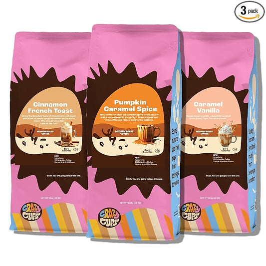 Crazy Cups Flavored Ground Coffee Variety Pack, Includes Cinnamon French Toast, Caramel Vanilla, Pumpkin Caramel Spice, in 10 oz Bags, For Brewing Flavored Hot or Iced Coffee, Variety 3 Pack