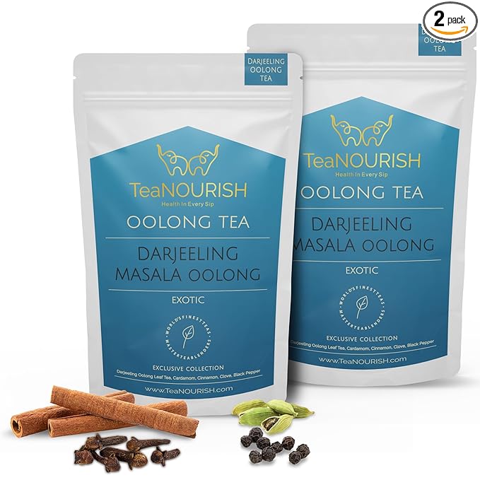 TeaNOURISH Darjeeling Masala Oolong Tea | Darjeeling Loose Leaves | Blended with Cardamom, Cinnamon, Clove | Smooth, Creamy & Earthy Taste - 3.53oz/100g (Pack of 2)