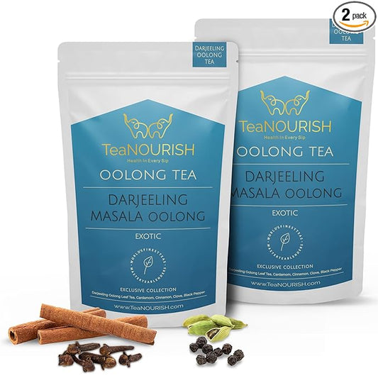 TeaNOURISH Darjeeling Masala Oolong Tea | Darjeeling Loose Leaves | Blended with Cardamom, Cinnamon, Clove | Smooth, Creamy & Earthy Taste - 3.53oz/100g (Pack of 2)