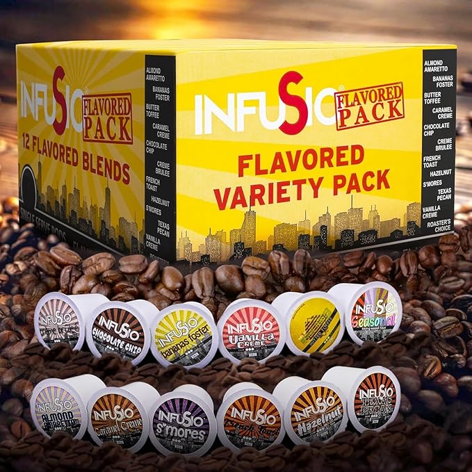 InfuSio Flavored Coffee Pods Variety Pack – 48 Count, 12 Gourmet Medium Roast Dessert-Inspired Blends like Bananas Foster & Crème Brûlée, Compatible with Keurig K-Cup 2.0 Brewers