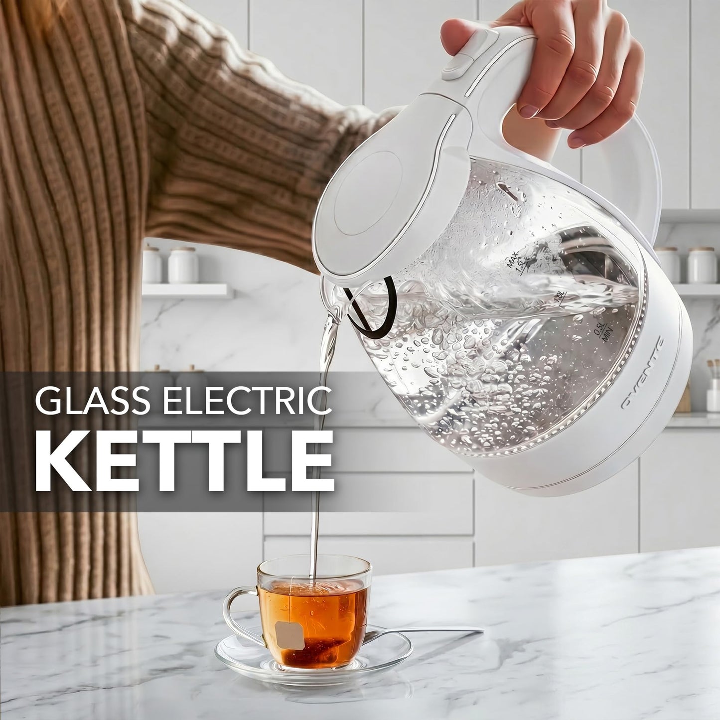 OVENTE 1.5L Glass Electric Kettle Water Boiler, White KG83W