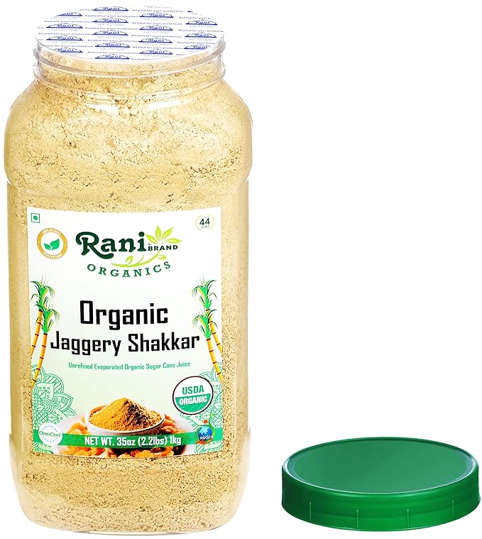 Rani Organic Jaggery Shakkar (Unrefined Evaporated Organic Sugar Cane Juice) 35oz (1kg) PET Jar ~ Gluten Friendly | Vegan | NON-GMO | No Salt or fillers | Indian Product | USDA Certified Organic