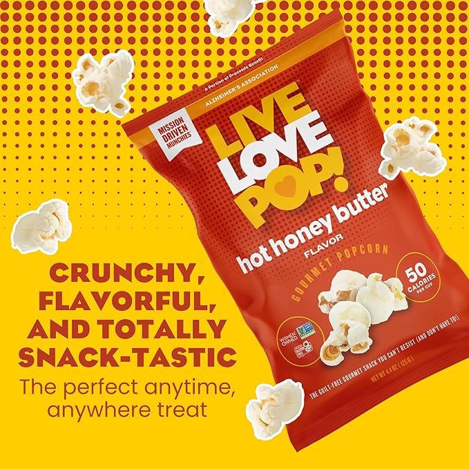 Live Love Pop Hot Honey Butter Flavored Gourmet Popcorn, 4.4 Oz (Pack of 6), Healthy Snack, Gluten Free, Vegan & Non-GMO, Mission Driven Munchies