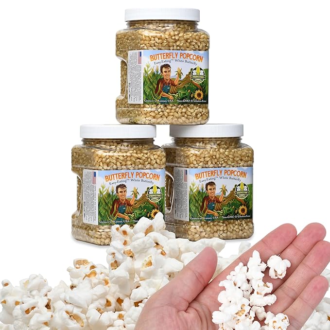 Princeton Popcorn White Butterfly Hulless Popcorn Kernels - Easy-Eating, Baby Small Tender Popping Corn, Non-GMO Popcorn Kernels, No Hulls, No Roundup, Direct from Farmer, Microwave Air Popper or Stovetop 32oz Jar
