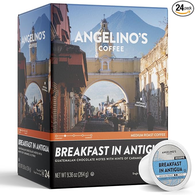 Angelino's Coffee Breakfast in Antigua Coffee Pods - Breakfast Blend Coffee K Cups Compatible, Medium Roast Coffee, Reserve, Chocolate & Caramel Notes, Citrus Hints, Guatemala Origin, 24 Count - Premium Breakfast Blend Coffee for Keurig Machines