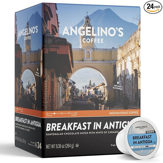Angelino's Coffee Breakfast in Antigua Coffee Pods - Breakfast Blend Coffee K Cups Compatible, Medium Roast Coffee, Reserve, Chocolate & Caramel Notes, Citrus Hints, Guatemala Origin, 24 Count - Premium Breakfast Blend Coffee for Keurig Machines