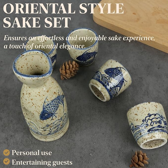 Ceramic Sake Set, 5pcs Japanese Saki Set with 1 Sake Carafe 4 Sake Cups, Saki Cup Set as Gift for Sake Japanese Wine/Hanzo Sake/Soju/Sake Drink/Saki Drink/Tea