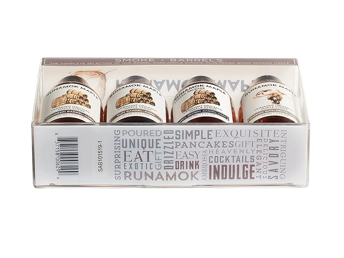 Runamok Organic Maple Syrup Sampler | Smoke + Barrels Vermont Maple Syrup Pairing Collection | 2 oz (4 count) | 60mL | Unique Smoked and Barrel Aged Maple Syrup I Real Maple Syrup