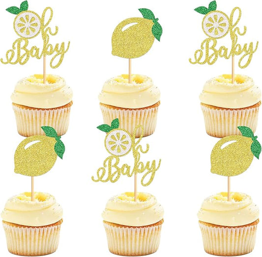 24Pcs Lemon Cupcake Toppers Fruit Theme Lemonade Party Cupcake Picks for Lemon Theme Baby Shower Kids Boys Girls Birthday Party Cake Decorations Supplies