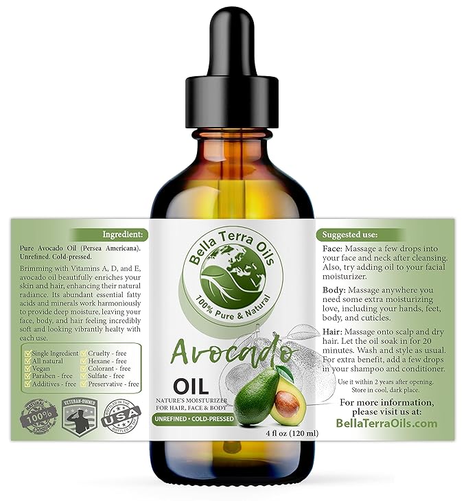Bella Terra Oils - Avocado Oil 4oz - Pure Essence of Cold-Pressed Avocado, Boosted with Vitamin A, Impeccable for Mixing and Blending
