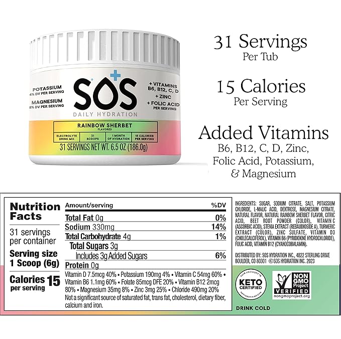 SOS Hydration Electrolyte Drink Mix (31 Servings) ??Low Sugar, 15 Calorie, Keto-Friendly & Rapid Rehydration (31 Servings, Rainbow Sherbert)
