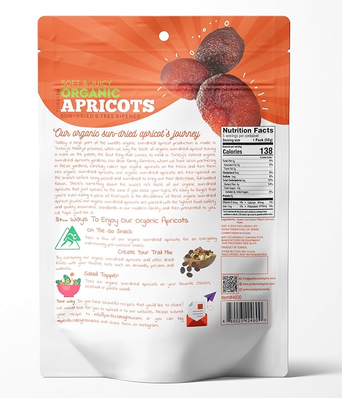 Perfect Delights Organic Snack Pack Apricot, Sun-Dried Turkish Apricots, On-the-Go Vegan, Healthy Snack, Easy-to-Carry Dried Apricots, Perfect for Kids & Adults 5 Pack (1.76 oz each)