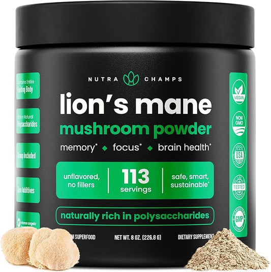 NutraChamps Organic Lions Mane Powder - 2000mg Powerful Nootropic for Memory, Focus, Immune Support