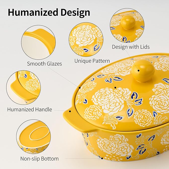 Ceramic Casserole Dish With Lid, Casserole Dishes for Oven, Baking Dish Lasagna Pans For Cooking, Oval Baking Pan, Dutch Oven, Perfect for Bread Baking and Serving, Housewarming, Christmas - Yellow