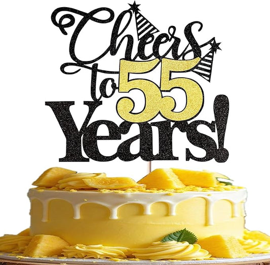 Rsstarxi 1 Pack Cheers to 55 Years Cake Topper Glitter Fifty Five Years Old 55th Birthday Cake Pick 55 Fabulous Cake Decorations for Happy 55th Birthday Wedding Anniversary Party Supplies Black