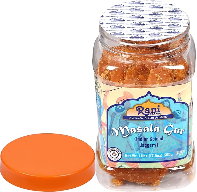 Rani Masala Gur (Jaggery) Indian Unrefined Raw Cane Sugar 17.5oz (1.1lbs) 500g PET Jar ~ Gluten Friendly | Vegan | NON-GMO | Kosher | No Salt or fillers | Indian Product