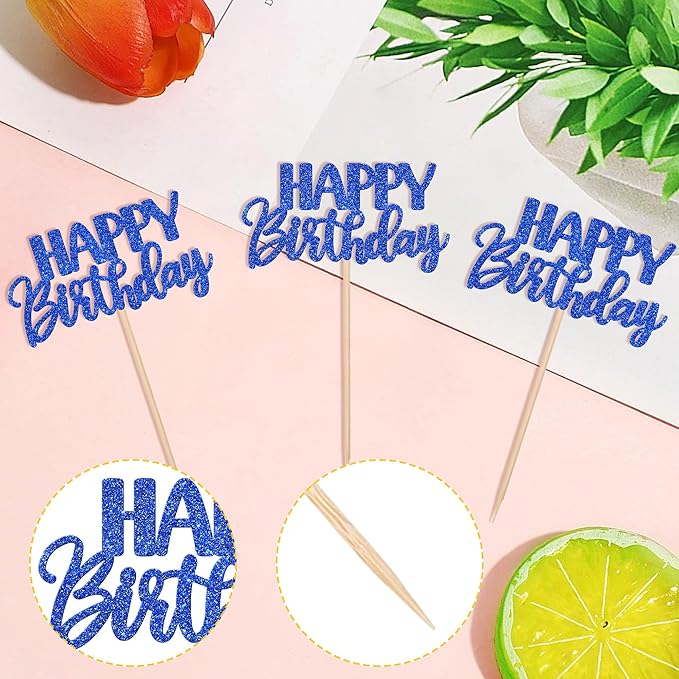 30 PCS Happy Birthday Cupcake Toppers Glitter Happy Birthday Cupcake Picks for Celebrating Birthday Anniversary Theme Party Cake Decorations Supplies Dark Blue