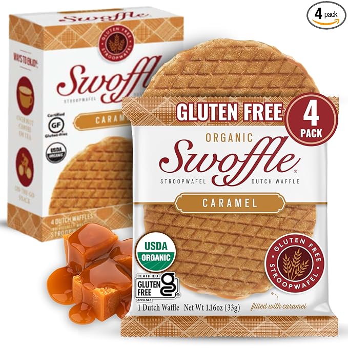 Gluten Free Organic Stroopwafels by Swoffle - Caramel Filled | (4) 1.16oz Wafers | non-GMO, Wheat Free, Kosher, Soy Free, Nut Free and All Natural!