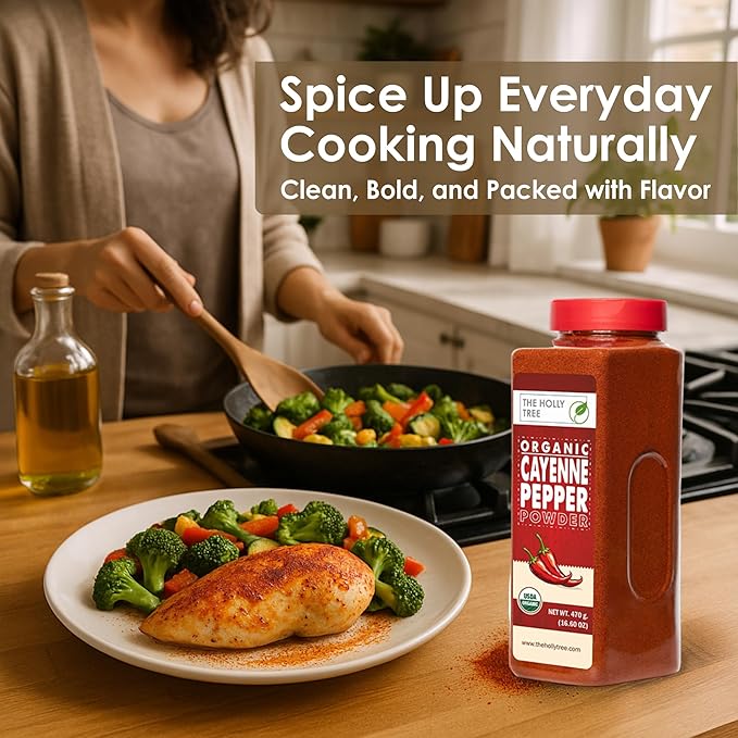 Organic Cayenne Pepper Powder 16.60 oz - Ground Red Chili for Cooking, Spices & Seasoning - Cayenne Pepper Organic, Gluten Free, USDA Ceritified, Kosher - The Holly Tree