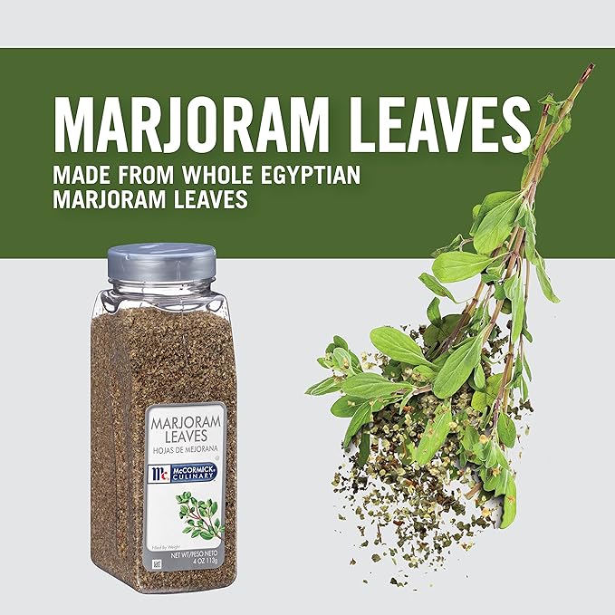 McCormick Culinary Marjoram Leaves, 4 oz - One 4 Ounce Container of Marjoram Spice for a Bitter, Minty Flavor, Ideal in Stews, Salads, Pork and Beef Dishes and Sauces