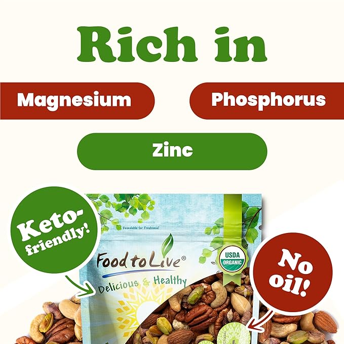 Food to Live Organic Four Nuts Mix, 1 Pound ??A Blend of Dry Roasted Pistachios, Almonds, Pecans, Cashews, and Almonds with Himalayan Salt, Trail Mix. Non-GMO, Vegan, Kosher, Bulk