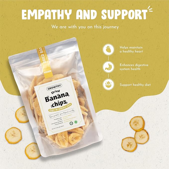 Growthy Dried Banana Chips Slices 250Grams, No Sugar Added, Crunchy Banana Snacks, Healthy banana chips For Kids And Adults, Vegan, None GMO, Low Sugar, Vitamin C,E, Keep Healthy