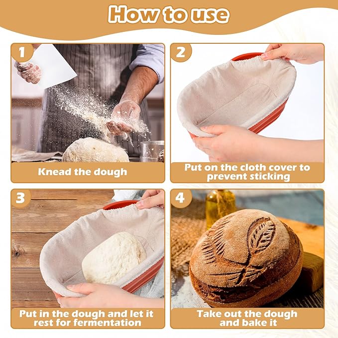 Nuogo 4 Pack Oval Bread Proofing Basket Silicone 10 Inch Collapsible Sourdough Bread Baking Supplies Dough Proofing Bowl with 4 Pcs Dough Scraper and 4 Pcs Basket Covers(Orange)