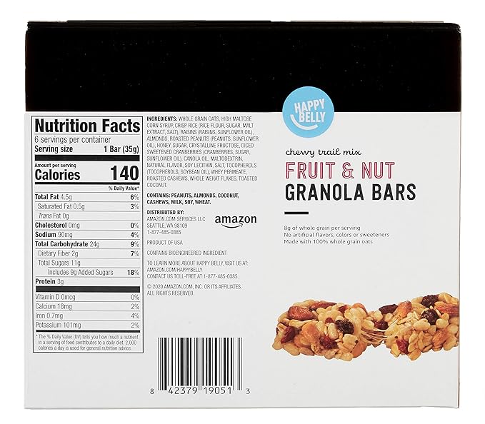 Amazon Brand, Happy Belly Fruit & Nut Chewy Trail Mix Granola Bars, 6 Count (Pack of 2)
