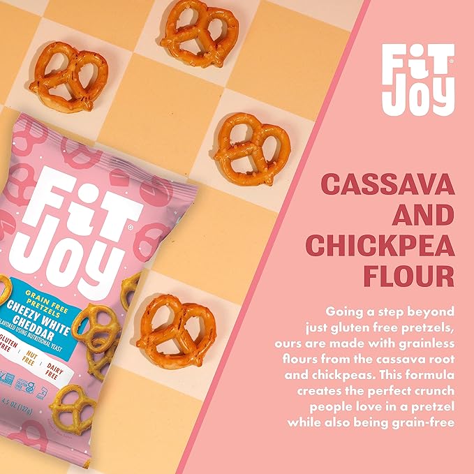 FitJoy White Cheddar Pretzels (Pack of 6, 4.5 Oz) - Dairy, Nut & Gluten Free Snacks - Grain Free Cassava Root & Chickpea Flour Vegan Pretzel Twists - Classic Snack Pretzels for Moms and More
