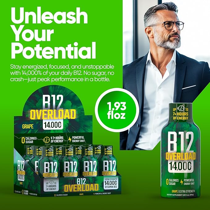 B12 Overload Extra Strength Energy Shot ??Grape ??260mg Caffeine, 14000% B12, Electrolytes ??Energy & Vitality Support ??Zero Sugar No Calories ??Vegan, Kosher, Gluten-Free ??1.93 fl oz, 10-Pack