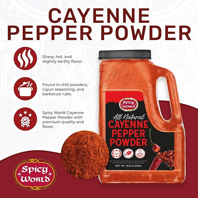 Spicy World Hot Cayenne Pepper Powder Bulk 5 LBS Jar - Red Ground Pepper 50,000 SHU Heat Unit - Gluten Free All Natural Red Pepper- Freshly Packed In USA, For Commercial & Home Use