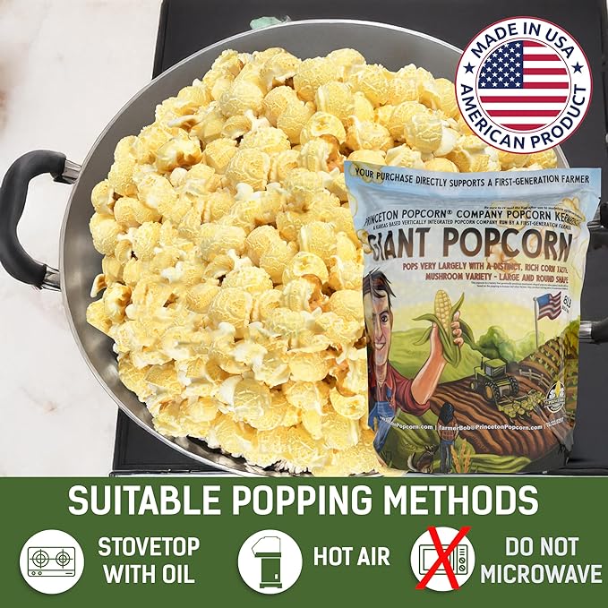 Princeton Popcorn Mushroom Hulless Popcorn Kernels ??Easy-Eating, Ball Shaped Tender Popping Corn, Non-GMO Popcorn Kernels, No Hulls, Farmer Direct, Microwave Air Popper or Stovetop Bulk Bag 8lbs