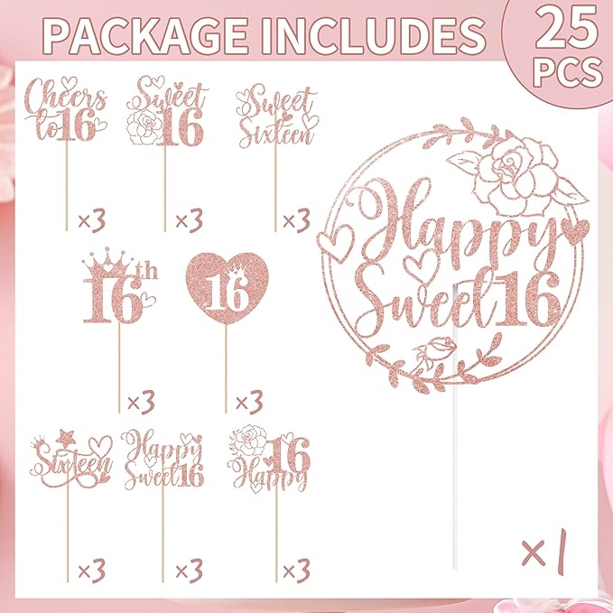 Sweet 16 Cake Topper - Sixteen Cupcake Picks Decorations 25 Pcs Pink Glitter Happy Sweet Sixteen Cake Toppers Rose Gold Party Cupcake Decor for 16 Years Birthday Party Decoration Supplies