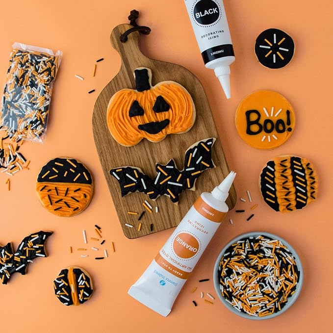 Sweets Indeed Dye-Free Halloween Frosting & Sprinkles Set ??8.22 oz | 2 Frosting Tubes (Orange & Black) + 2 Decorating Tips + 2 oz Sprinkle Mix (Black, Orange & White) | No Artificial Dyes Cupcake & Cookie Decorating Kit