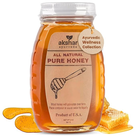 Akshar Ayurveda - 8 Oz Pure Honey - All Natural USA Honey - Smooth & Easy to Pour, Stored in Glass Jar - Natural Superfood Ingredient for Cooking, Baking or Eating Raw