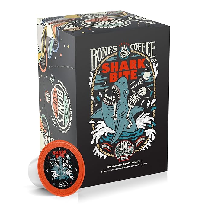 Bones Coffee Company Flavored Coffee Bones Cups Shark Bite Flavored Pods | 12ct Single-Serve Coffee Pods Compatible with Keurig 1.0 & 2.0 Keurig Coffee Maker