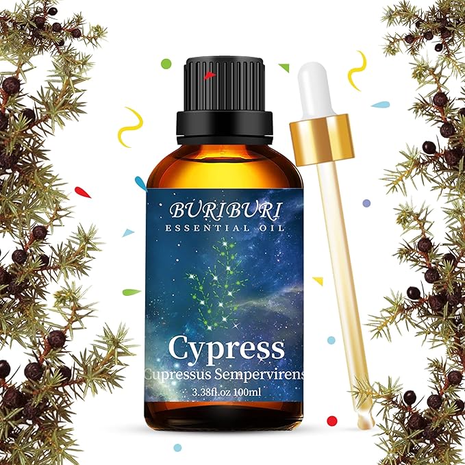 BURIBURI 100ML Cypress Essential Oil, 100% Pure Undiluted Aromatherapy Cypress Oil 3.38fl.oz for Soap, Candle Making, Massage, Diffuser, Humidifier