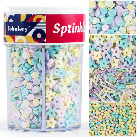 Pastel Sprinkle Mix 4 Cell Edible Macaron Color Jimmies Nonpareils Star Confetti for Cake Decorations Baking Ice Cream Cookies Cupcake Topper 6.5 ounces